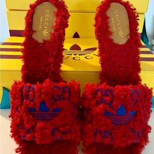 Gucci x Adidas GG Logo Shearling Slides